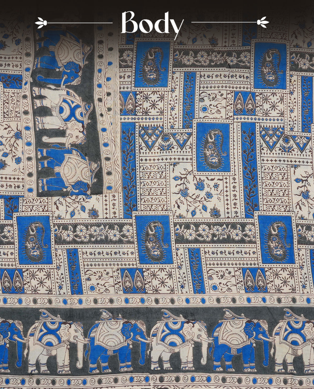 Cream & blue colour kalamkari cotton saree featuring kalamkari printed body & pallu, paired with a matching  contrast blouse piece.