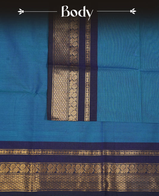 Peacock Colour Chettinad Cotton Saree Featuring a Plain Body, Complemented by a Violet Colour Border with Gold Zari and a Contrast Striped Pallu, Paired with a Matching Blouse Piece.