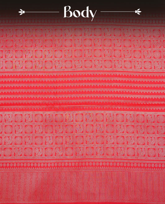 Red Colour Semi Soft Silk Saree Featuring Gold Zari Checks With Delicate Motifs And Stripes Across The Body, Enhanced With A Self Coloured Gold Zari Border, And Paired With A Matching Blouse Piece.