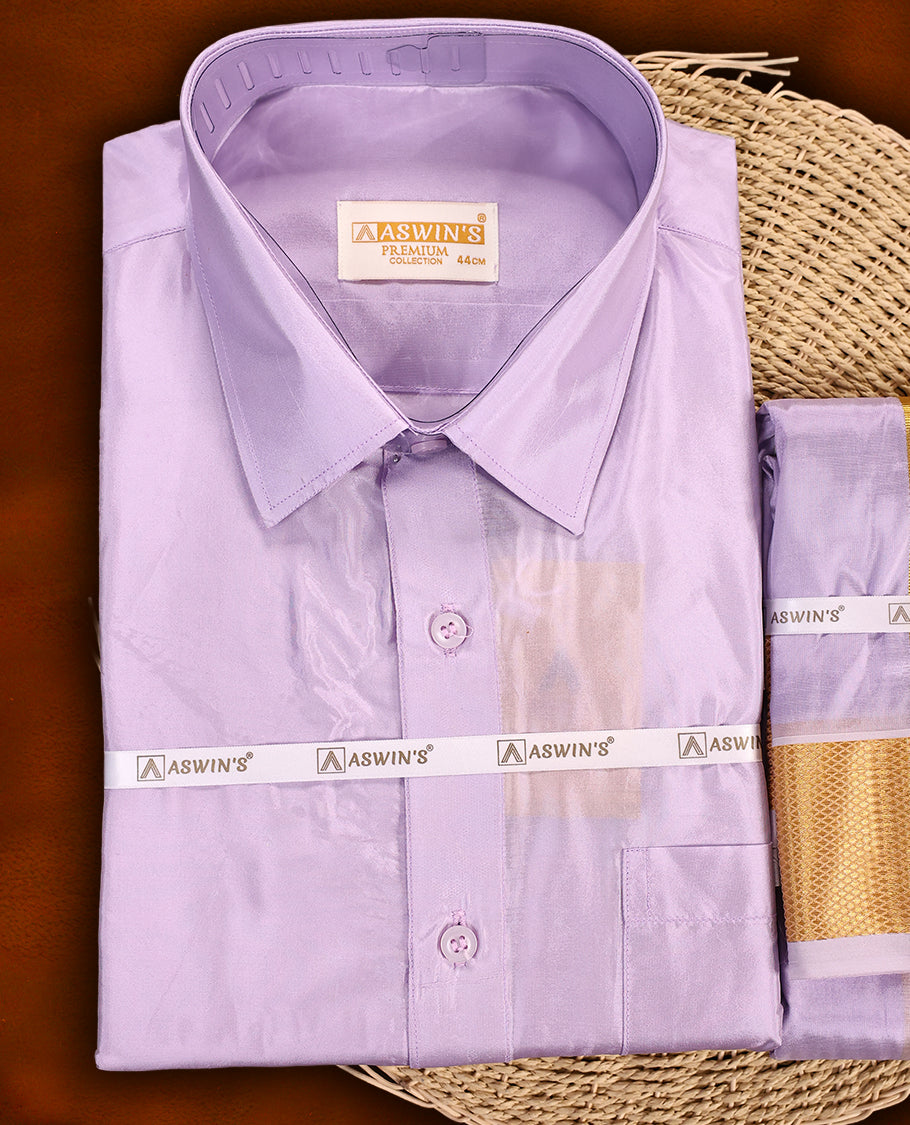 Violet colour Aswin’s wedding set featuring a premium silk finish full sleeve shirt, paired with a matching dhoti accented with elegant golden zari work, ideal for festive and wedding occasions