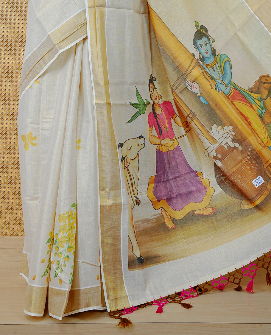 Cream Colour Tissue Kerala Saree Featuring Vibrant Digital Krishna & Radha Onam Theme  Printed Pallu, Beautifully Enhanced With A Classic Gold Zari Border And Contrast Tassels. Paired With A Matching Blouse Piece.