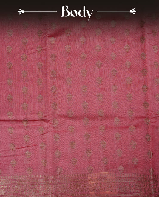 Candy pink colour semi tussar silk saree featuring elegant gold zari motifs across the body, designed with a subtle borderless zari finish for a sophisticated traditional look. Paired with a matching blouse piece.