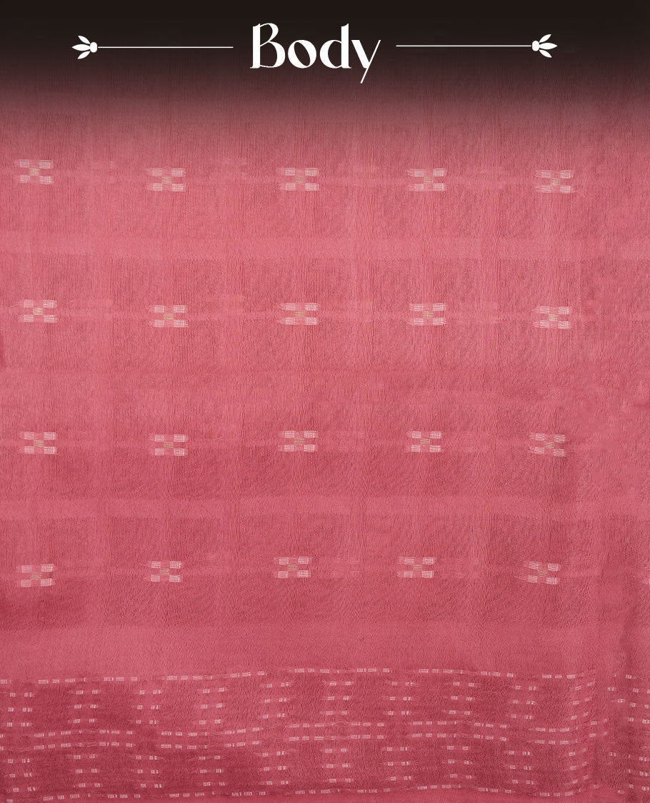 Brick red colour semi jute saree highlighting white thread motifs on body, without border and paired with matching blouse.