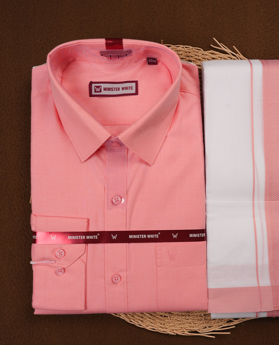 Candle light pink Colour  MINISTER WHITE shirt paired with a matching dhoti, finished with a candle lightPink colour border.