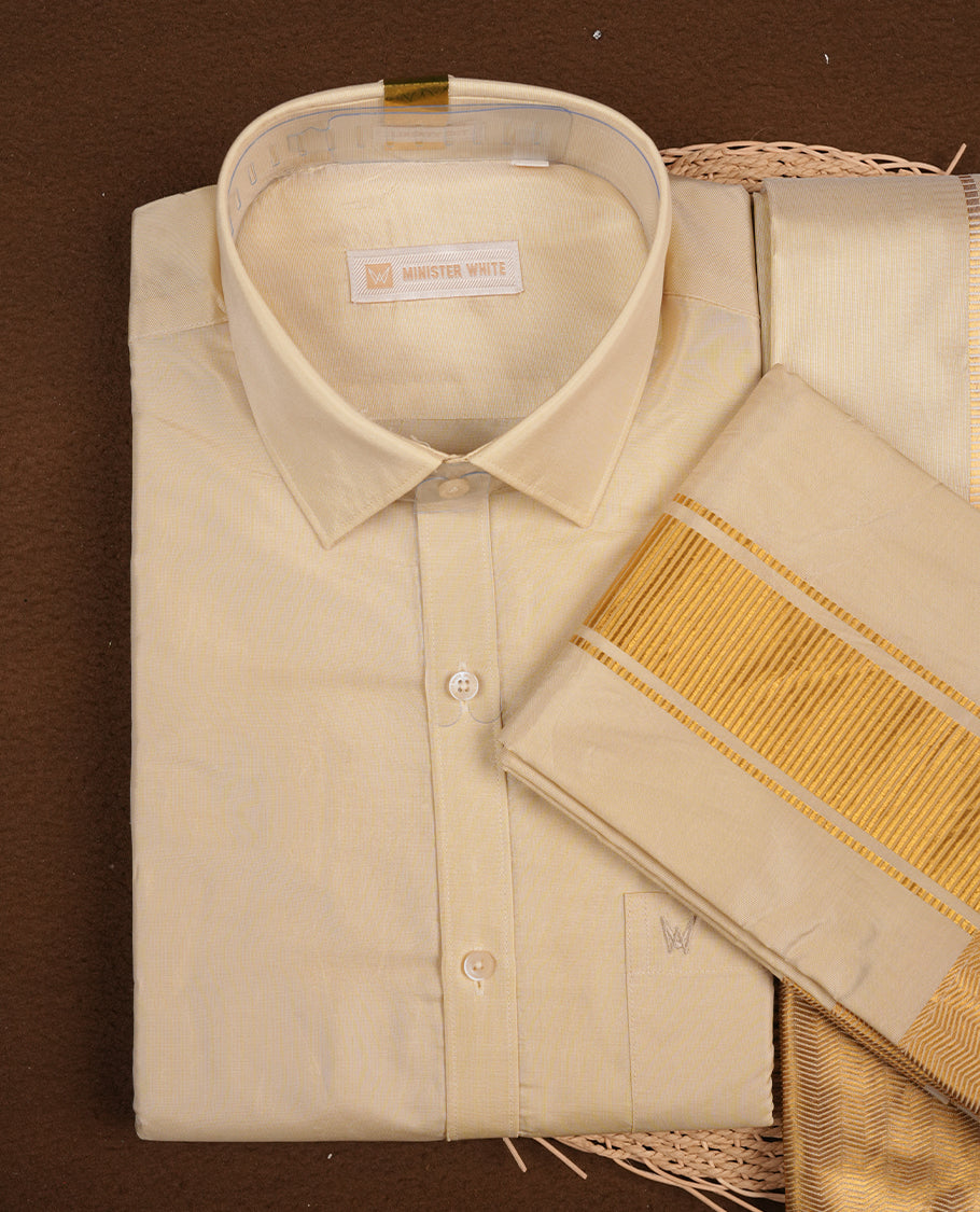 Medium gold colour MINISTER WHITE shirt paired with a matching dhoti, finishing with a gold border