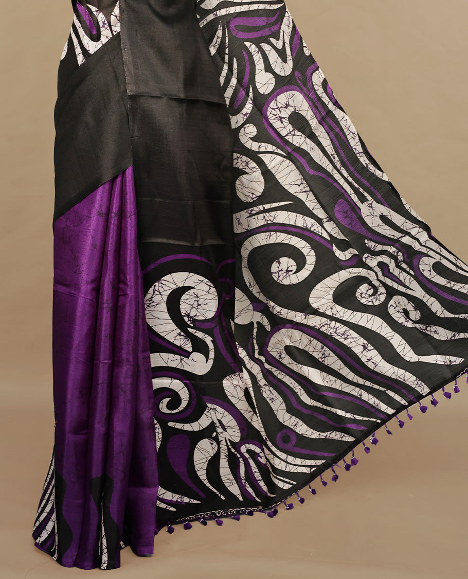 Purple With Black Colour Khadi silk saree Featuring Abstract Print Patterned & Curved Wave Like Line Detailed Body, Paired with matching blouse piece.
