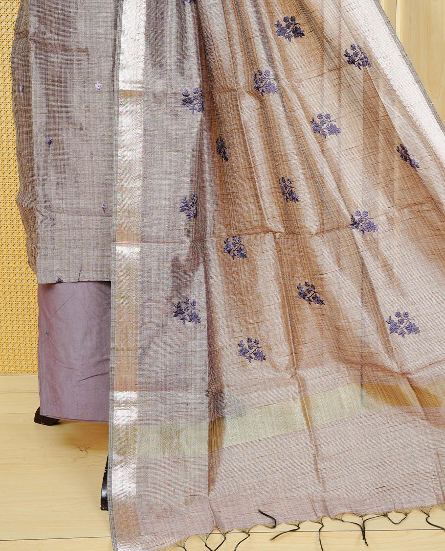 Dark Onion Pink colour Tissue Churidar Set featuring delicate floral embroidery and subtle bead detailing on the yoke, paired with matching solid pants and dupatta.