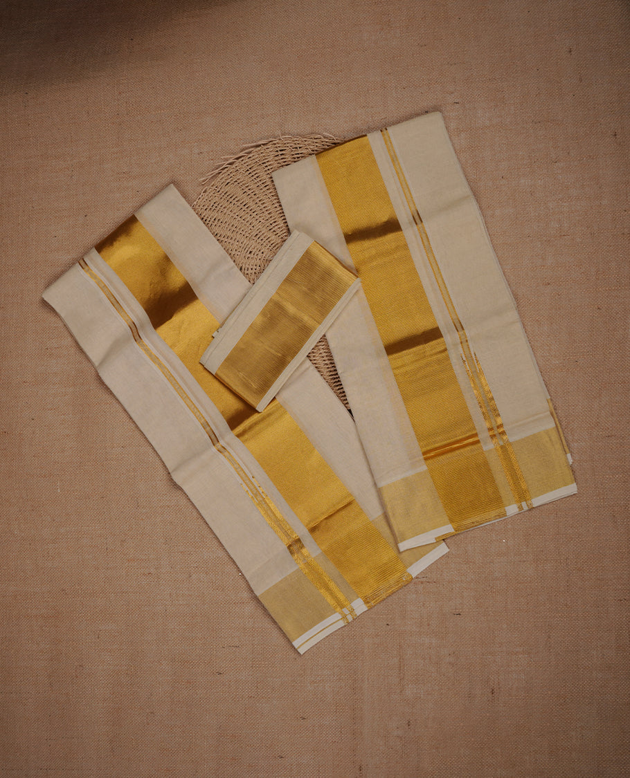 Light gold colour pure tissue set mundu highlights gold zari traditional border (2.00/2.80 MTS).