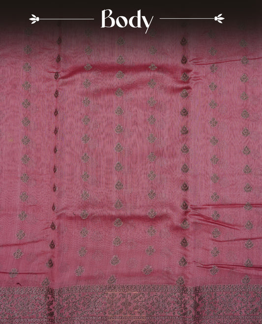 Mauve colour semi tussar silk saree featuring elegant Antique zari motifs across the body, designed with a subtle borderless zari finish for a sophisticated traditional look. Paired with a matching blouse piece.