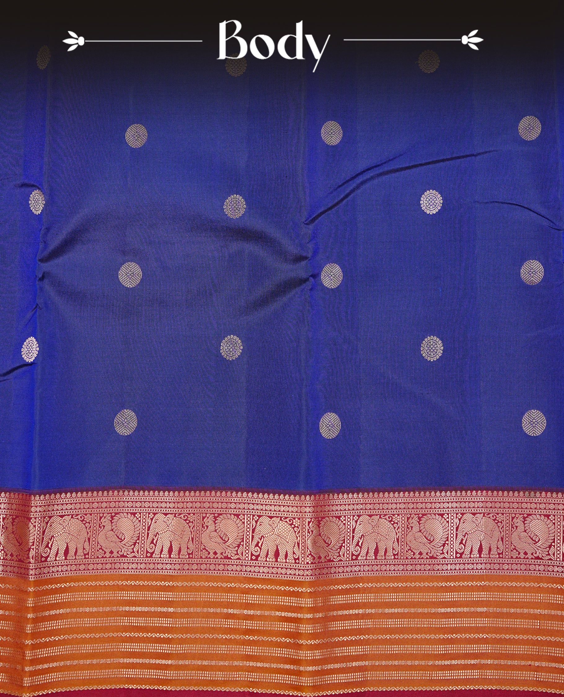 Navy Blue Colour Kancheepuram silk saree featuring gold zari circle motifs on body, highlighting Gold zari Elephant & Peacock Traditional On contrast Maroon & mustard border, paired with Matching blouse piece.