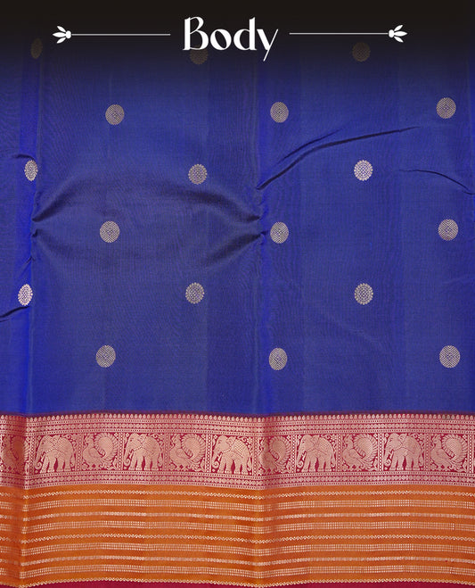 Navy Blue Colour Kancheepuram silk saree featuring gold zari circle motifs on body, highlighting Gold zari Elephant & Peacock Traditional On contrast Maroon & mustard border, paired with Matching blouse piece.