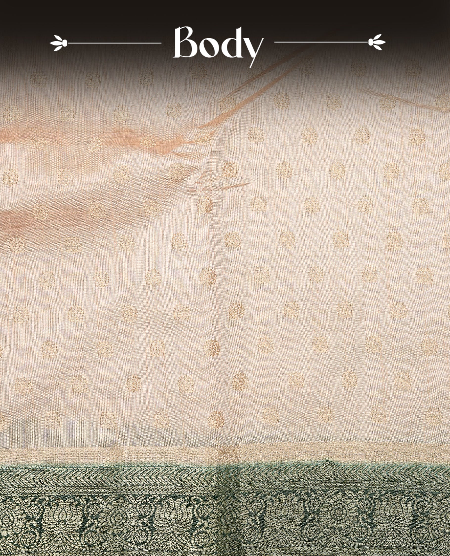Light Gold Tussar saree featuring Gold zari buttas on body, complemented by contrast dark green Colour with Gold zari border, comes with matching blouse piece.