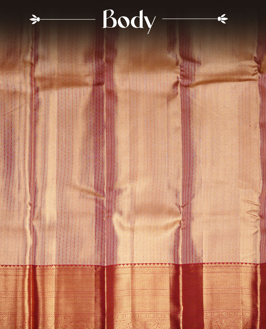 Gold & Maroon double shade colour kancheepuram tissue silk saree featuring gold zari stripeson pattern on body, complemented by contrast maroon colour with traditional border, paired with matching blouse piece.