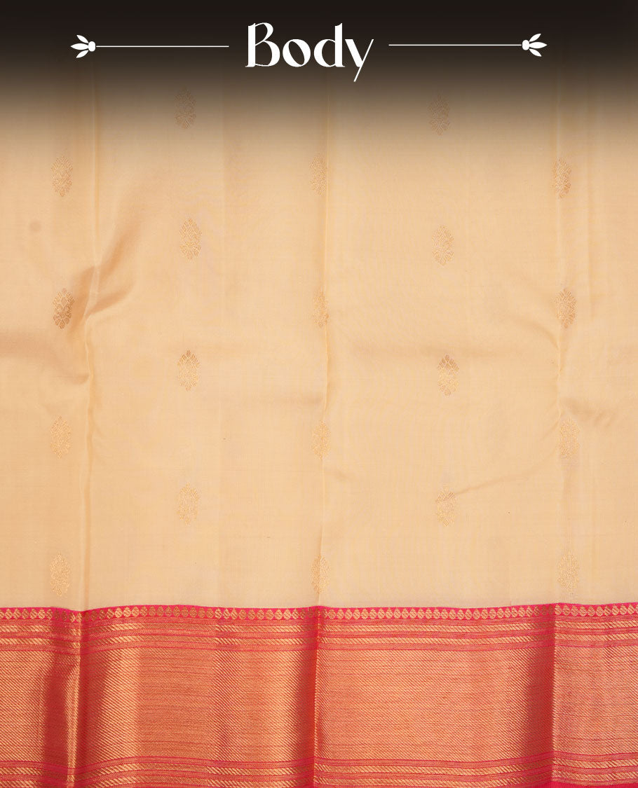 Beige colour Vasundhara silk saree featuring zari pattern on body, complemented by contrast Red with zari patterned border, and paired with matching blouse piece.
