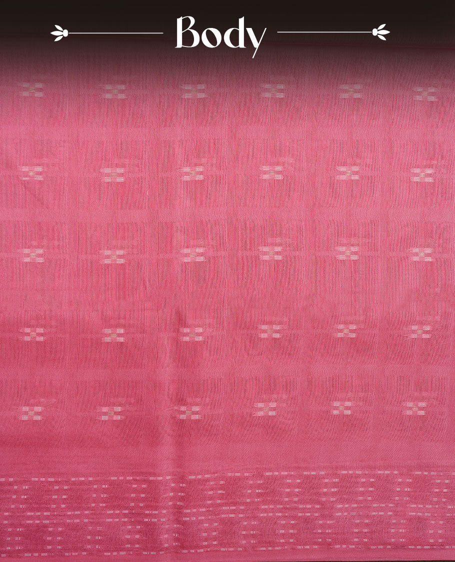 Pink colour semi jute saree highlighting white thread motifs on body, without border and paired with matching blouse.