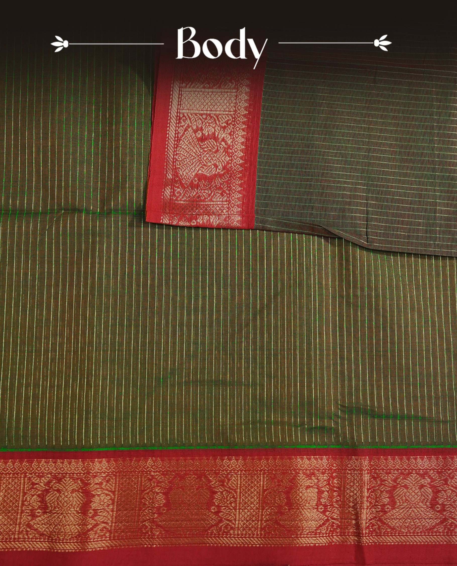 Green colour chettinad cotton saree featuring gold zari strips body, Contrast Maroon colour with Gold zari border, comes with matching blouse piece.