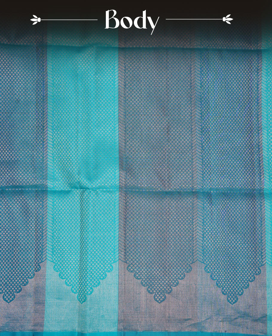 Aqua & teal colour soft silk saree featuring gold zari motifs on body, complemented by self colour with traditional border with tassel at pallu, paired with matching blouse piece.