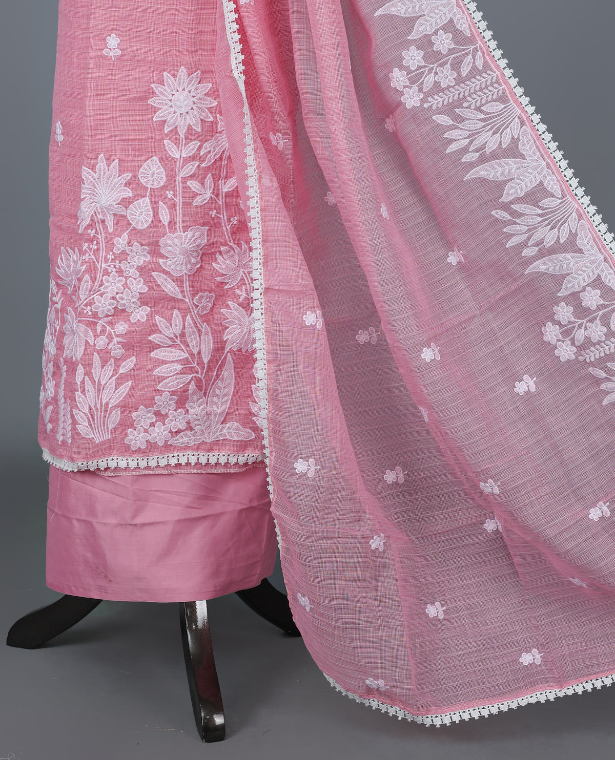 Candy Pink Colour Kotta Net  Salwar Material Featuring Elegant White Floral Thread Embroidery on the Kurta, paired with a matching bottom & beautifully embroidered Dupatta.
