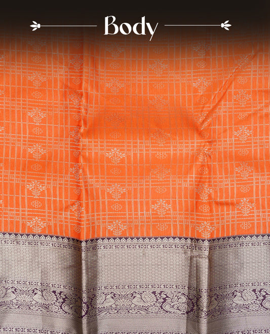 orange colour semi wedding silk saree featuring light gold zari checks with florals on body, contrast purple colour with traditional border on body, rich pallu comes with matching blouse piece
