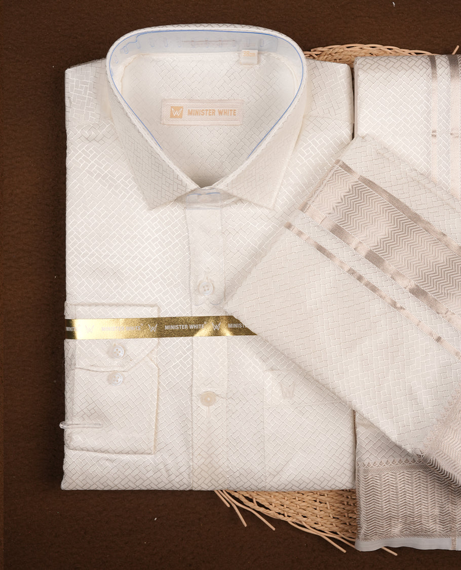 White silver colour MINISTER WHITE shirt paired with a matching dhoti, finishing with a silver border