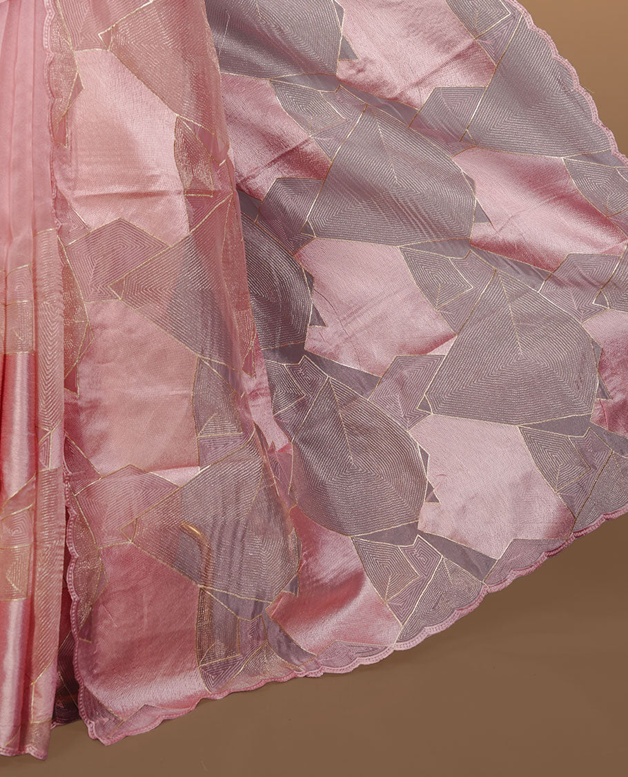 Peach colour Organza designer saree featuring a thread geometric pattern across the body, enhanced with a piping border and cut beats work on matching blouse piece.