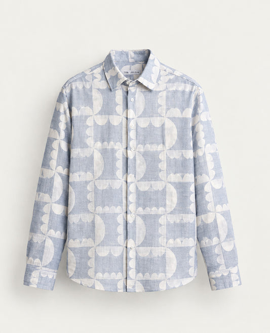 Cream & Light blue colour shirt Geometric pattern body, Full sleeve.