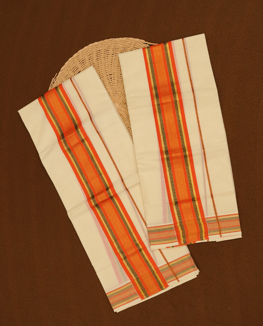 Off white colour cotton set mundu highlights gold, black and orange zari border (2.00/2.80 MTS).