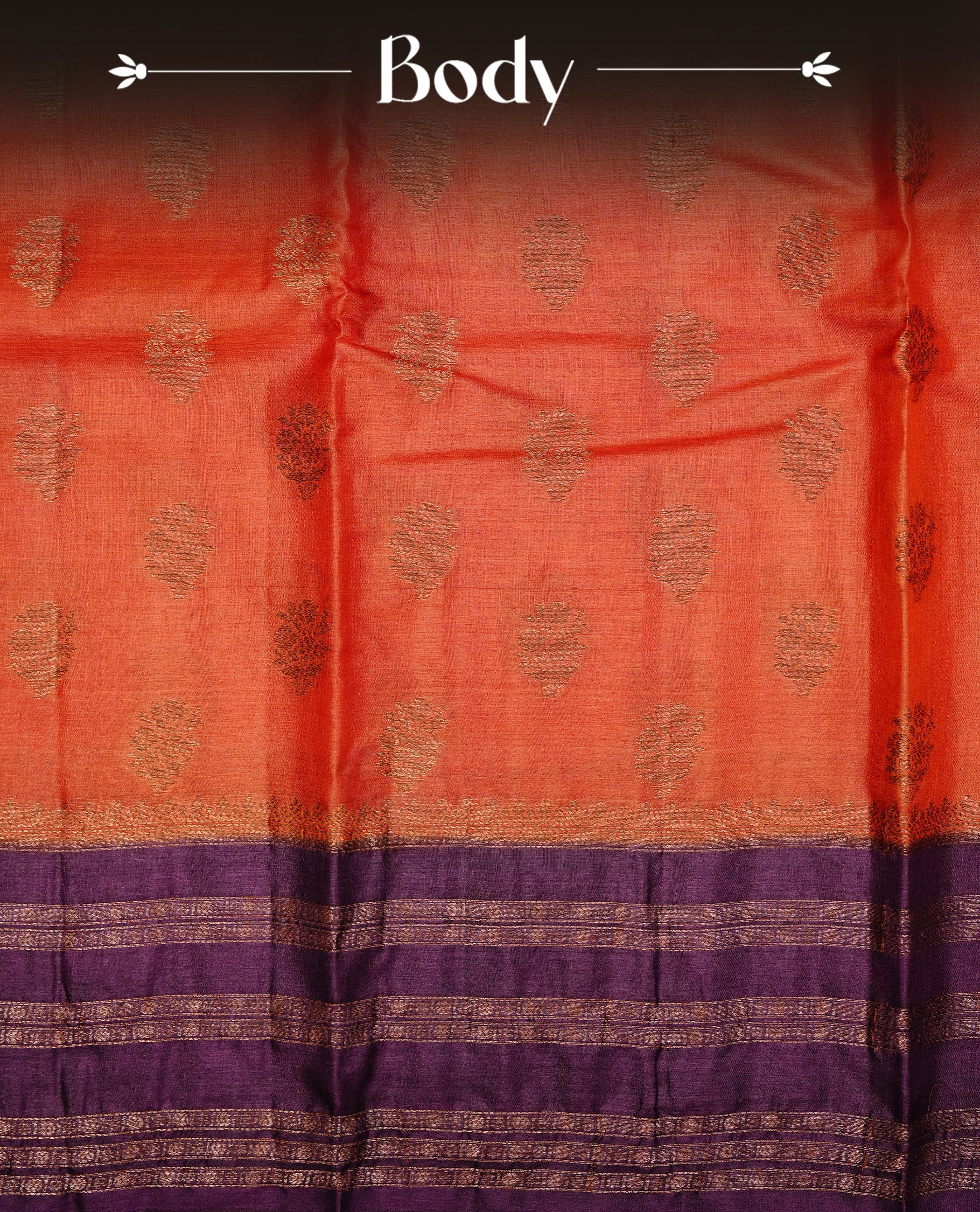Rust orange colour pure tussar Banaras silk saree featuring elegant gold zari motifs across the body, complemented by a contrast Purple border with rich zari detailing. Comes with a matching blouse piece