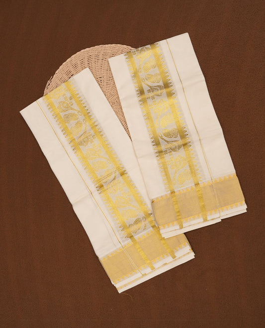 Off white colour cotton set mundu highlights gold veena tabla zari border (2.00/2.80 MTS).