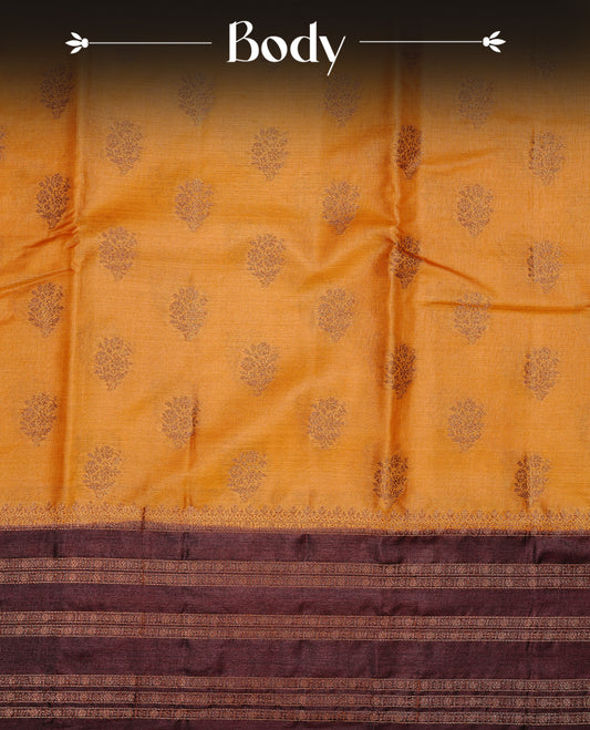 Mustard colour pure tussar banaras silk saree featuring gold zari motifs on body, highlighting contrast Chocolate colour with zari border, paired with matching blouse piece.