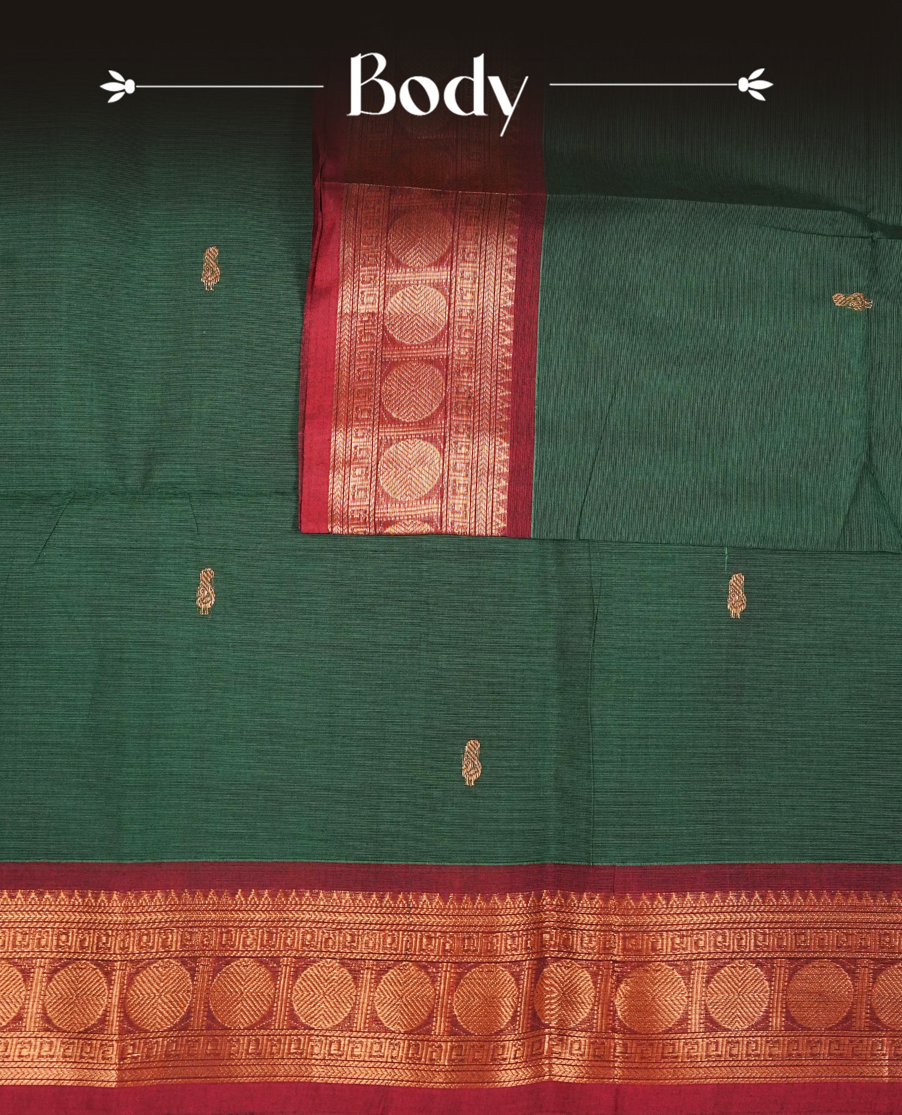 Green colour chettinad saree featuring gold zari motifs on body, complemented by contrast Maroon colour with gold zari border, comes with matching blouse piece.