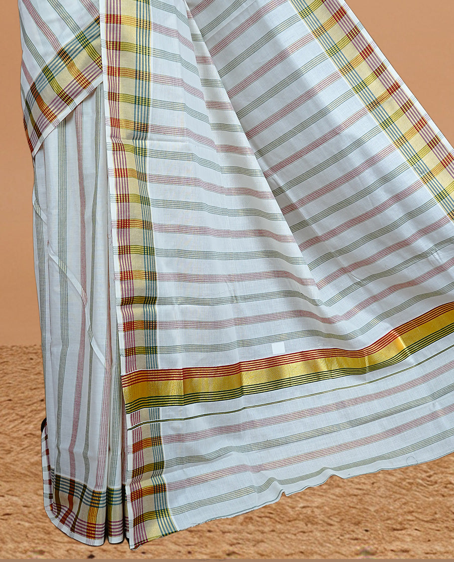 Off white colour Kerala saree featuring Gold with green, Red Zari Strip pattern body, enrich by zari Border, pallu ,comes with matching blouse piece.