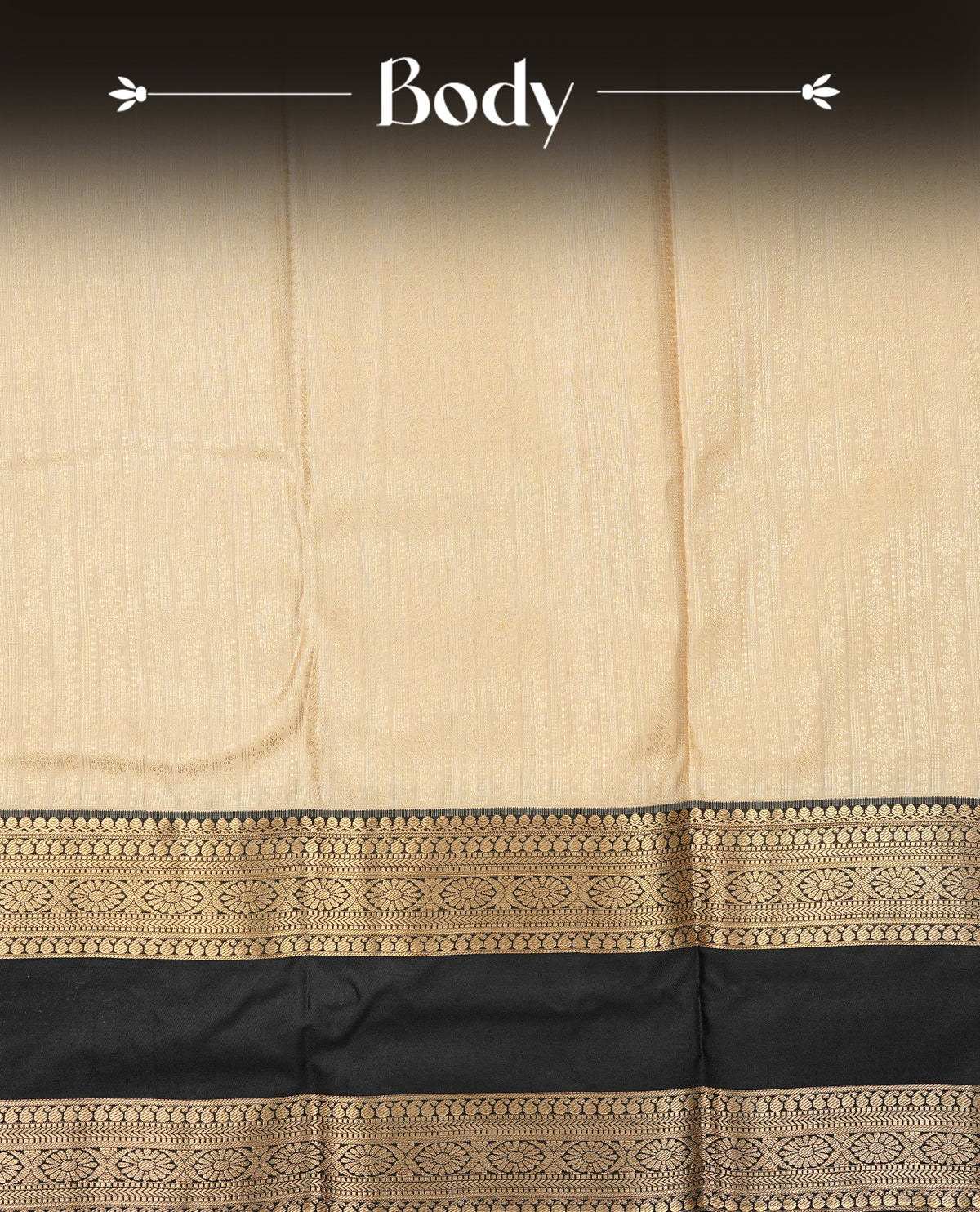 Beige colour semi wedding saree featuring gold zari Strips with motif across the body, complemented by black colour with traditional border. Comes with a matching blouse piece.