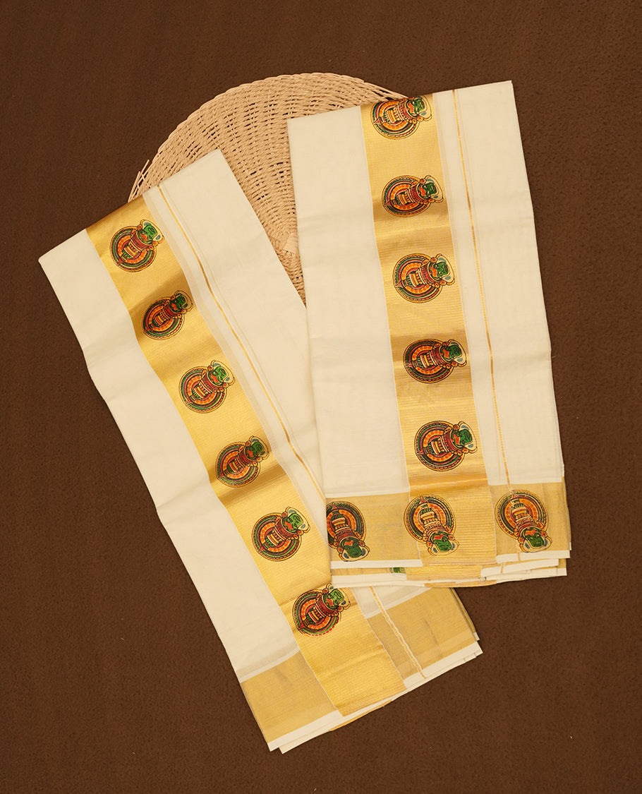 Off white colour cotton set mundu highlights gold zari border with Indian art form print across border (2.00/2.80 MTS).