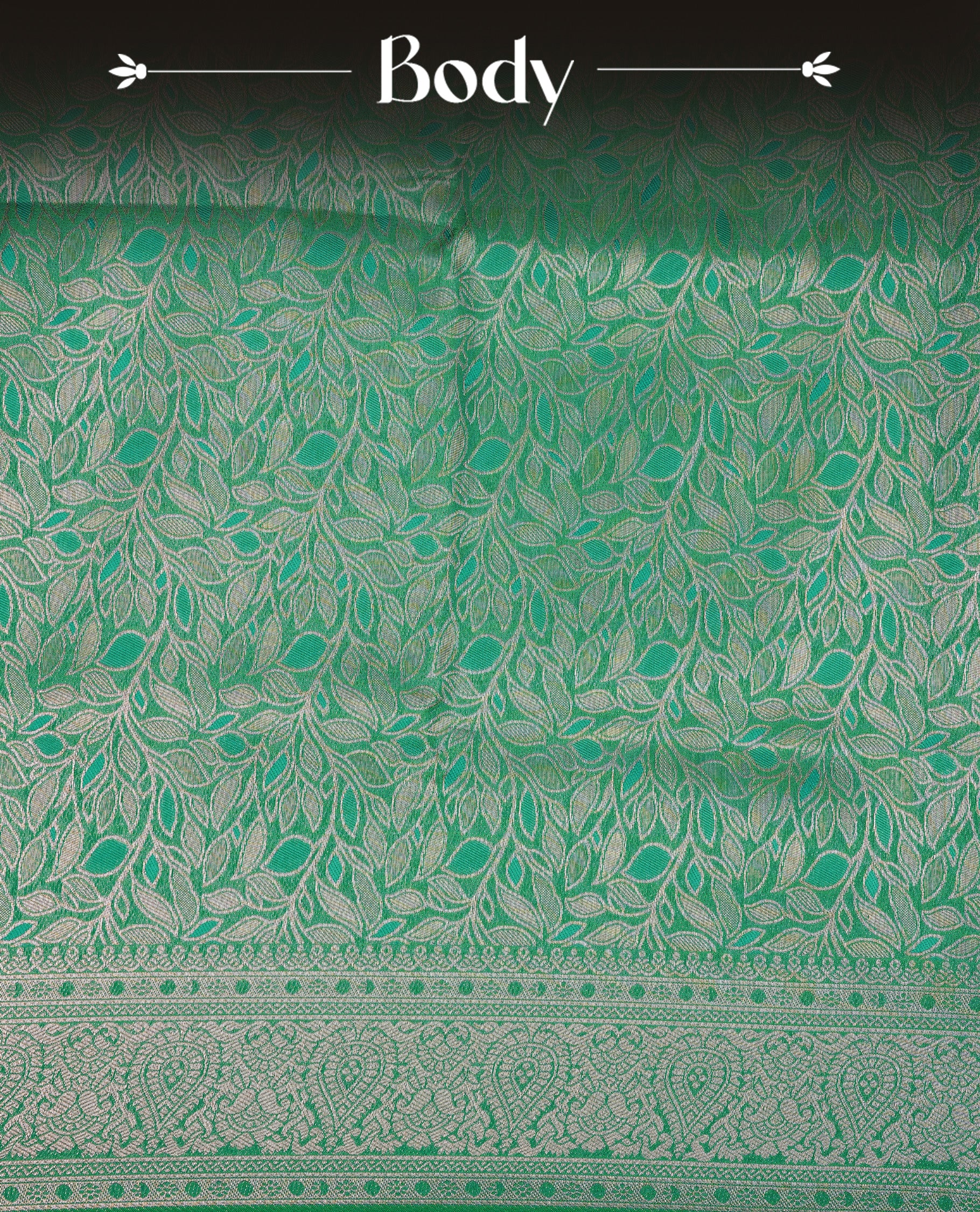 Sea Green Colour Softie Silk Saree Featuring An All Over Gold Woven Leaf Pattern, Finished With A Matching Border Adorned With Intricate Paisley And Floral Motifs, Paired With A Matching Blouse Piece.