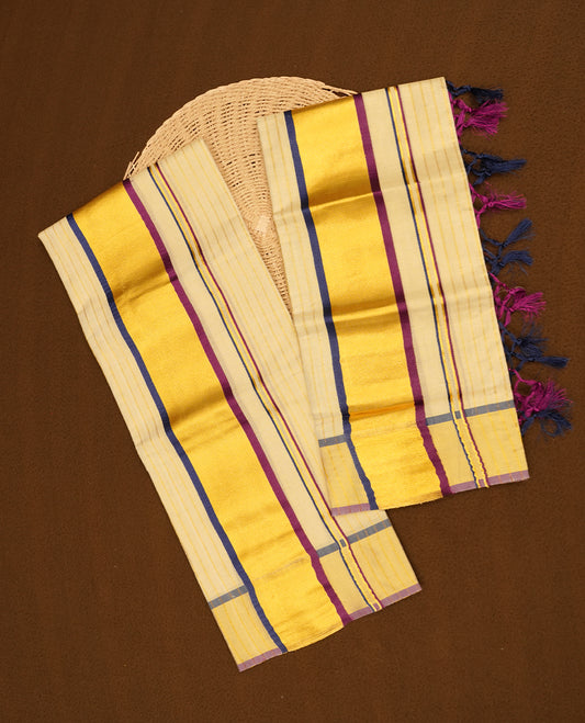Light gold colour tissue set mundu featuring gold zari stripes on body highlights gold, blue and purple zari border (2.00/2.80 MTS).