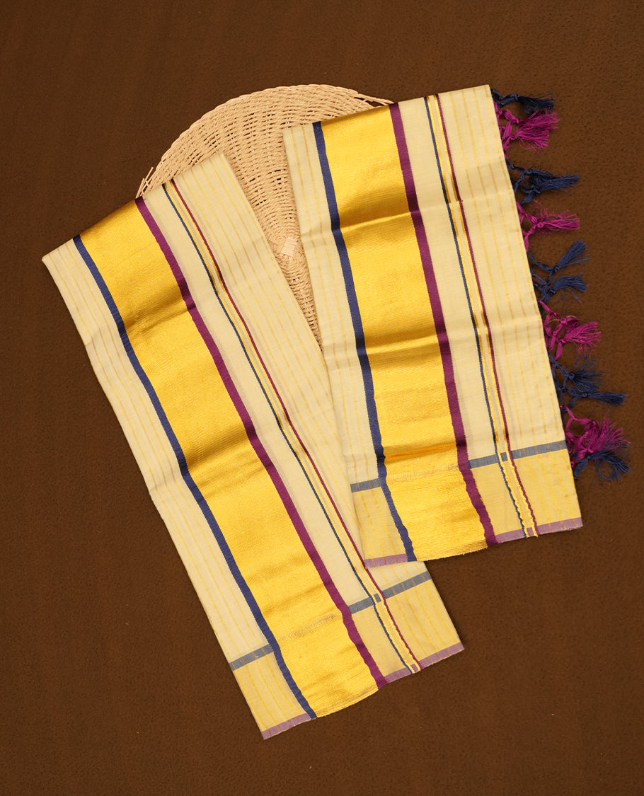 Light gold colour tissue set mundu featuring gold zari stripes on body highlights gold, blue and purple zari border (2.00/2.80 MTS).