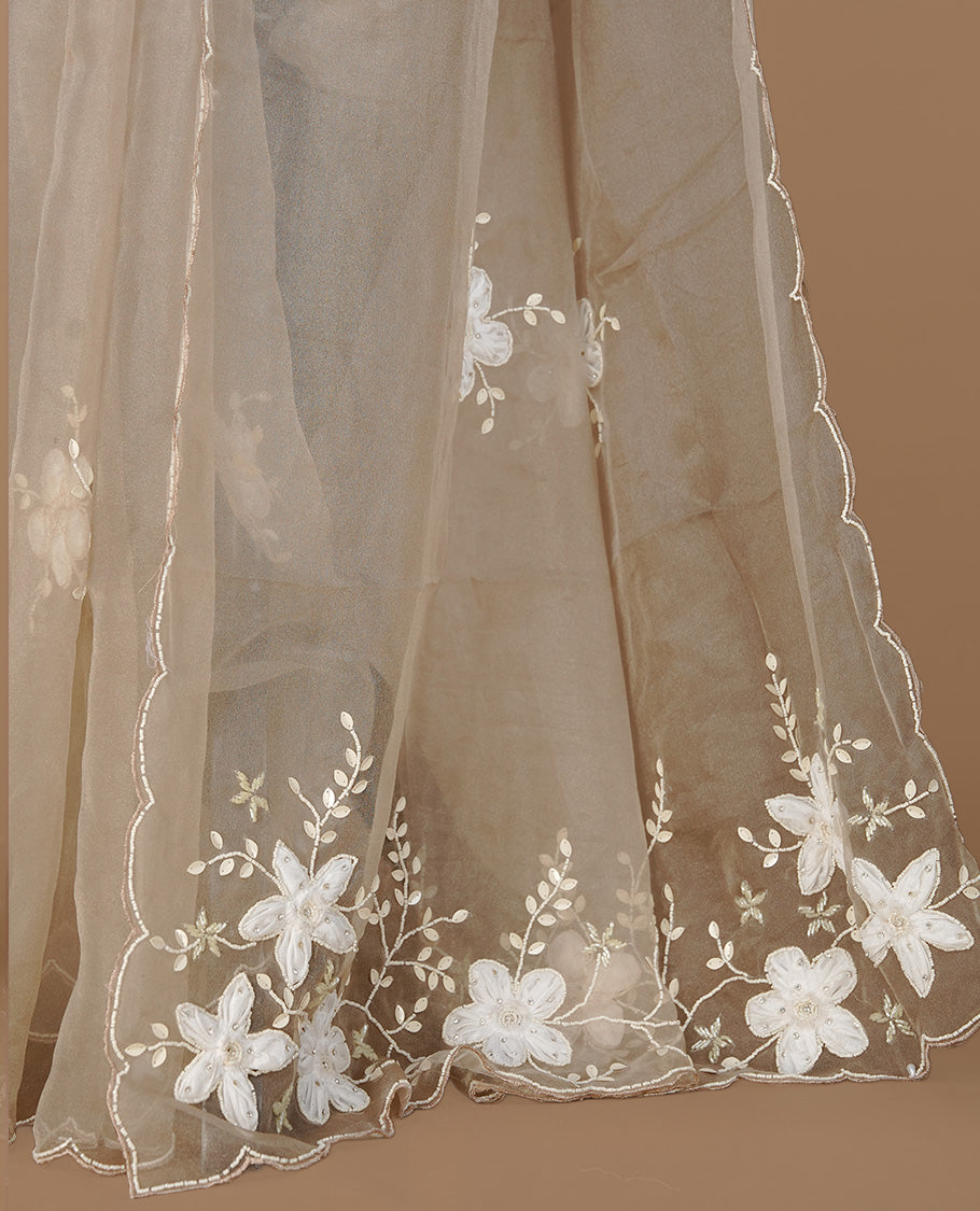 Light coffee colour crush organza saree featuring white floral work with beats & sequins, highlighting scalp with beats worked border, paired with matching blouse piece.