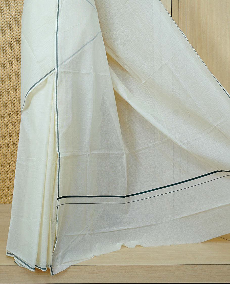 Cream Colour Cotton Kerala Saree Featuring A Classy Plain Body For Effortless Elegance, Enhanced By A Minimalist Black Border, Paired With A Matching Blouse Piece.