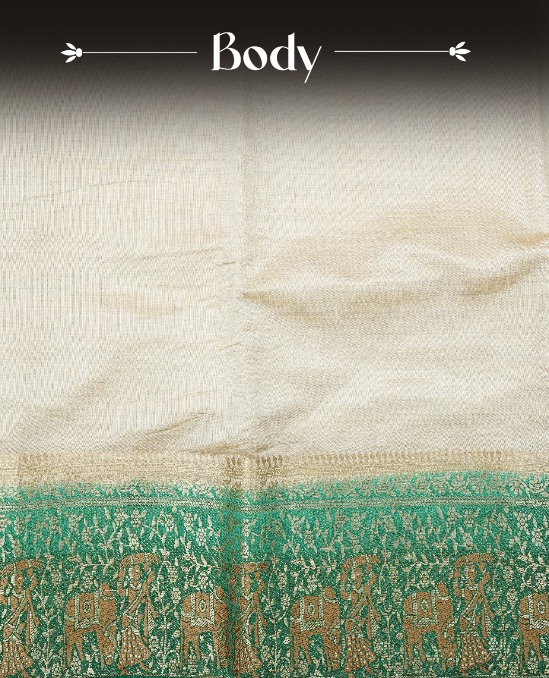 Light gold tussar saree featuring Elegant plain body, complemented by contrast green colour with Gold zari Floral kodi with Elephant Pattern border, comes with matching blouse piece.