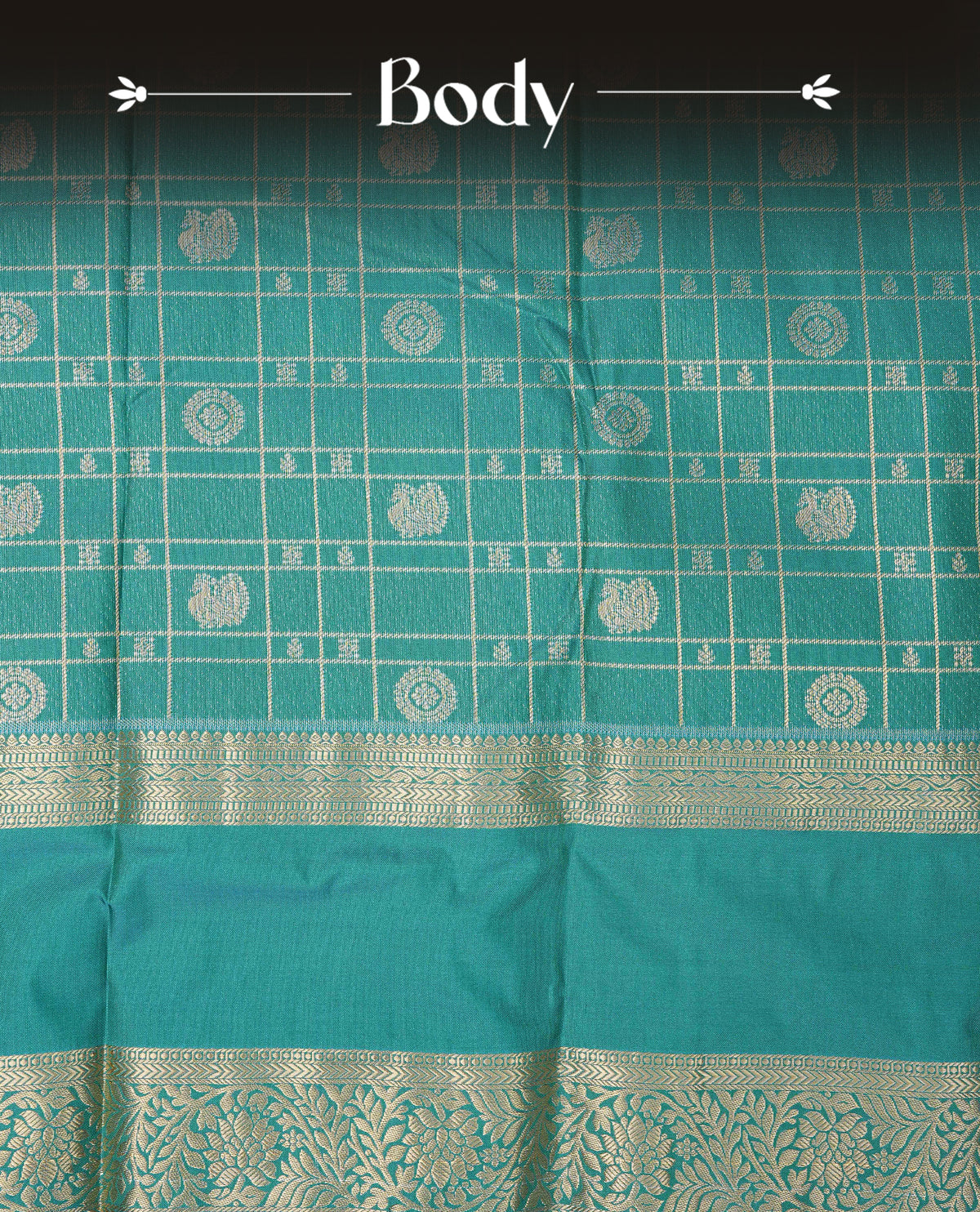 Aqua colour semi wedding silk saree featuring gold zari checks with motifs on body,contrast self colour with traditional border on body, rich pallu comes with matching blouse piece