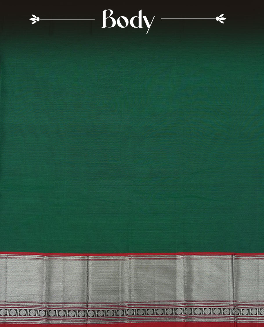 Dark green colour Narayanapattu cotton saree featuring a self coloured body, contrast Dark red colour with silver zari border and pallu, pairing a matching blouse piece.