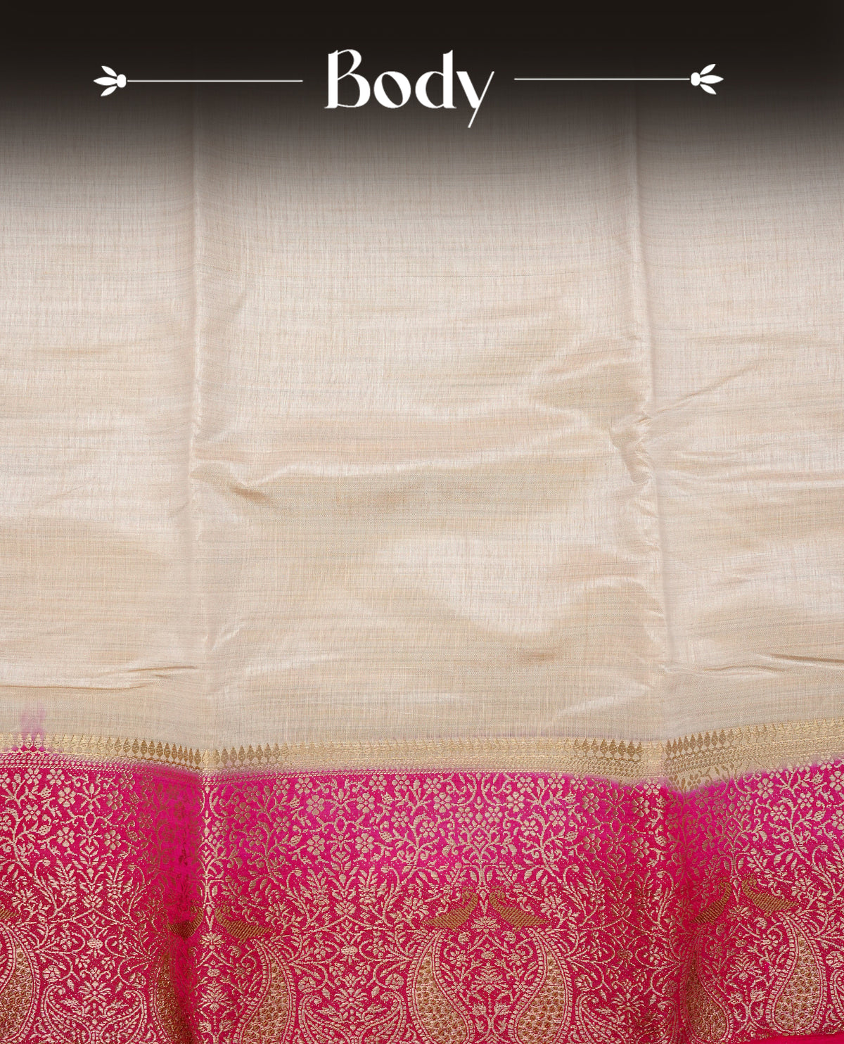 Light gold tussar saree featuring Elegant plain body, complemented by contrast Magenta colour with Gold zari Floral kodi with Peacock Pattern border, comes with matching blouse piece.