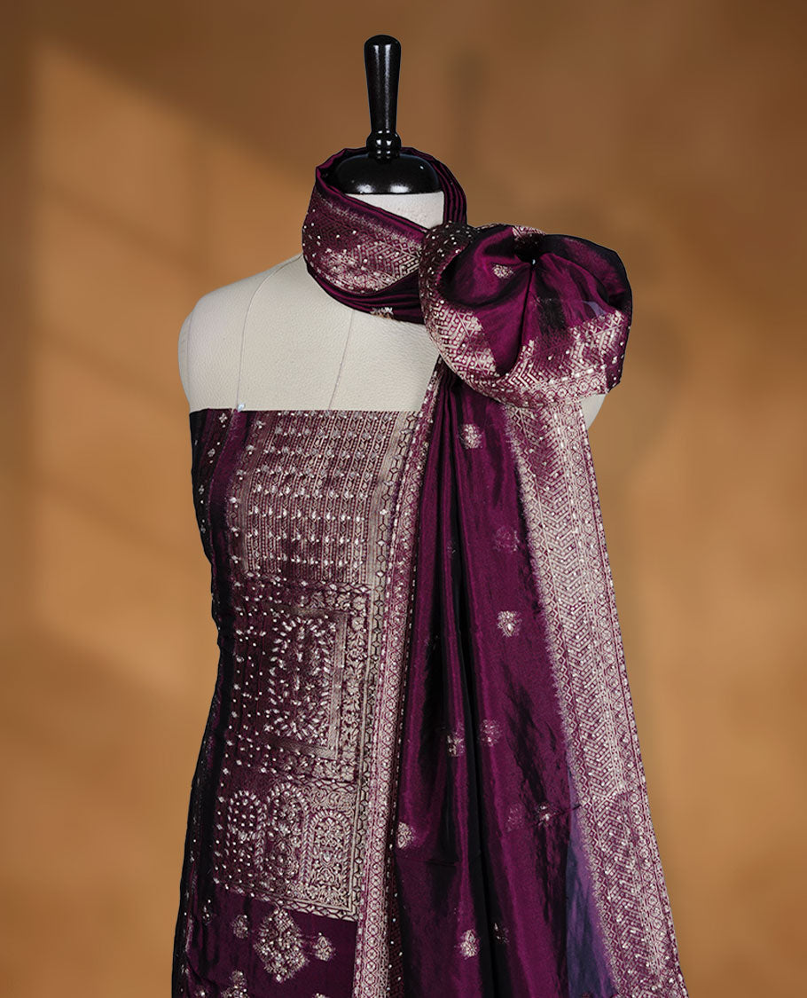 Dark wine colour semi silk salwar material banarasi design highlighting stone work and dupatta, matching plain bottom