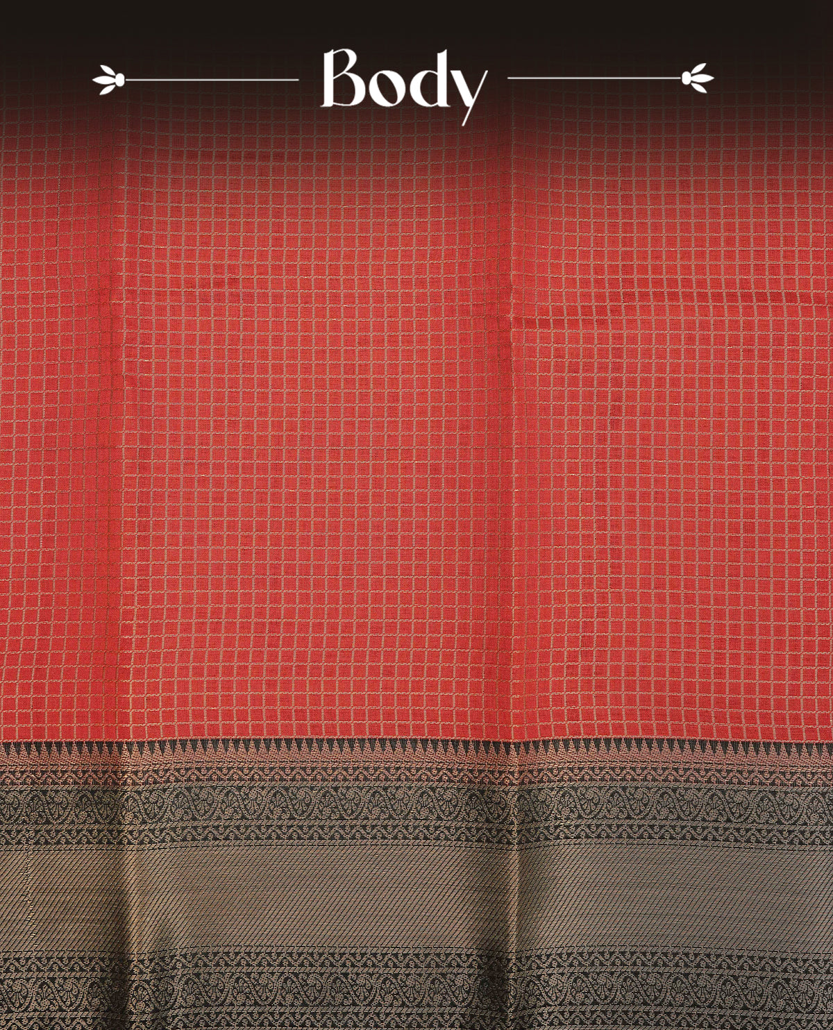 Reddish brown colour semi silk saree featuring gold zari check patterns on body, contrast black colour with traditional border on body, grand pallu comes with matching blouse piece