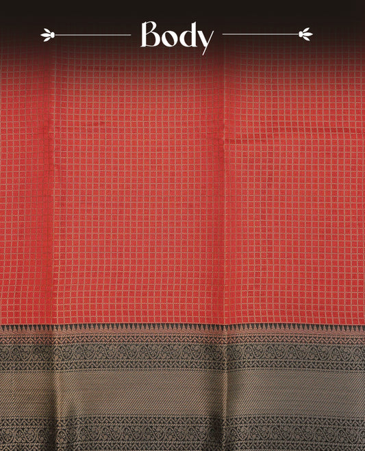 Reddish brown colour semi silk saree featuring gold zari check patterns on body, contrast black colour with traditional border on body, grand pallu comes with matching blouse piece