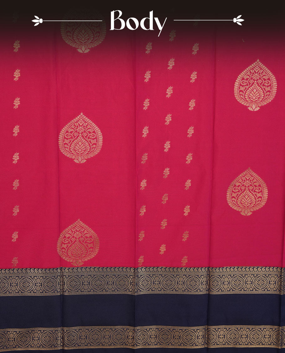 Rani pink colour semi silk saree highlighting gold zari motifs across body, featuring contrast blue colour border with gold zari pattern, comes with matching blouse .