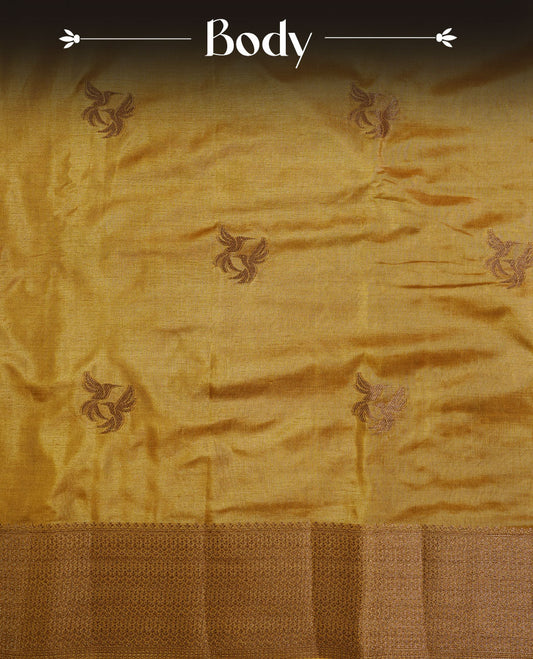 GoldenRod colour semi banaras tussar silk saree highlighting gold zari bird motifs on body, complemented by self colour with antique zari border, paired with matching blouse piece.