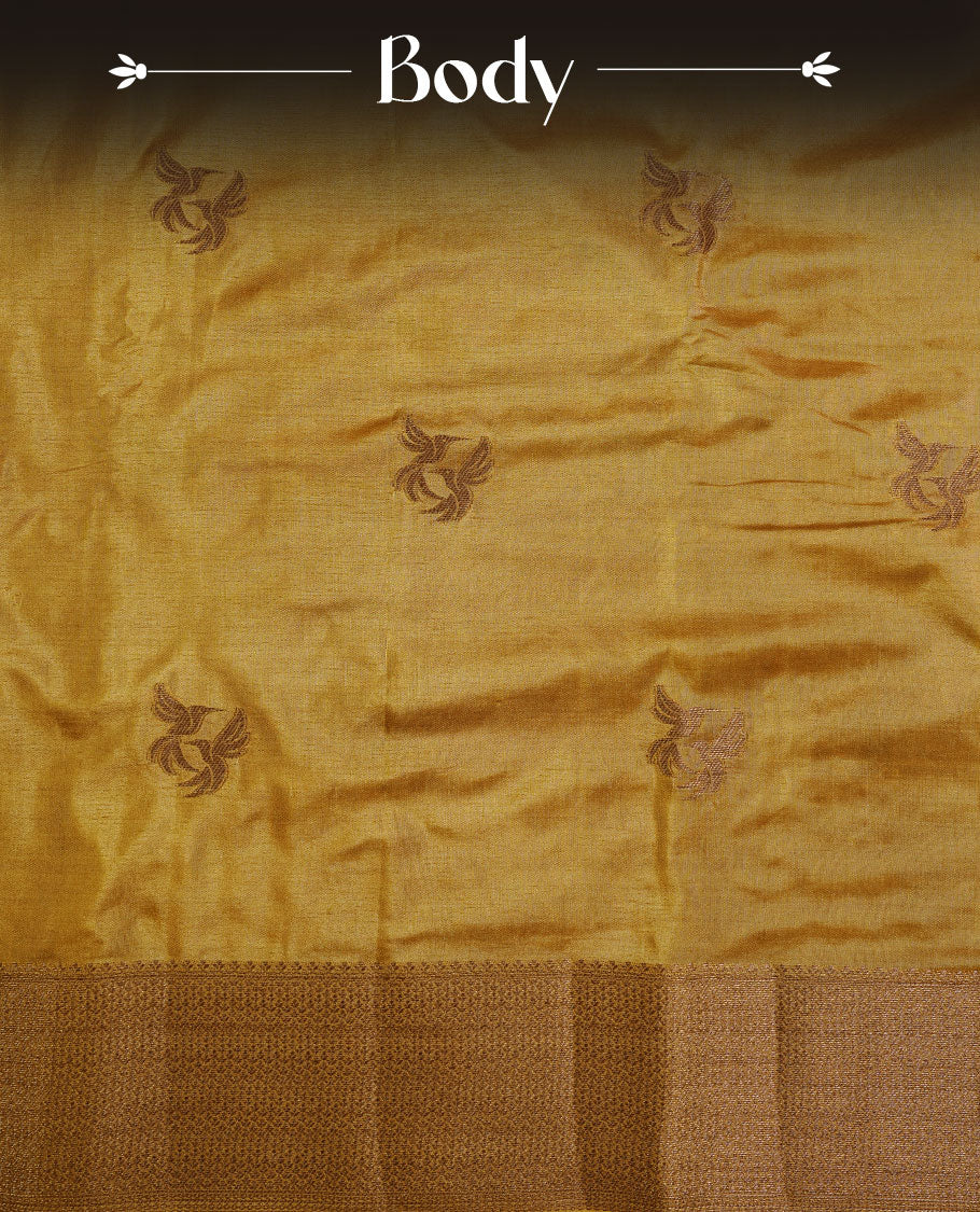 GoldenRod colour semi banaras tussar silk saree highlighting gold zari bird motifs on body, complemented by self colour with antique zari border, paired with matching blouse piece.