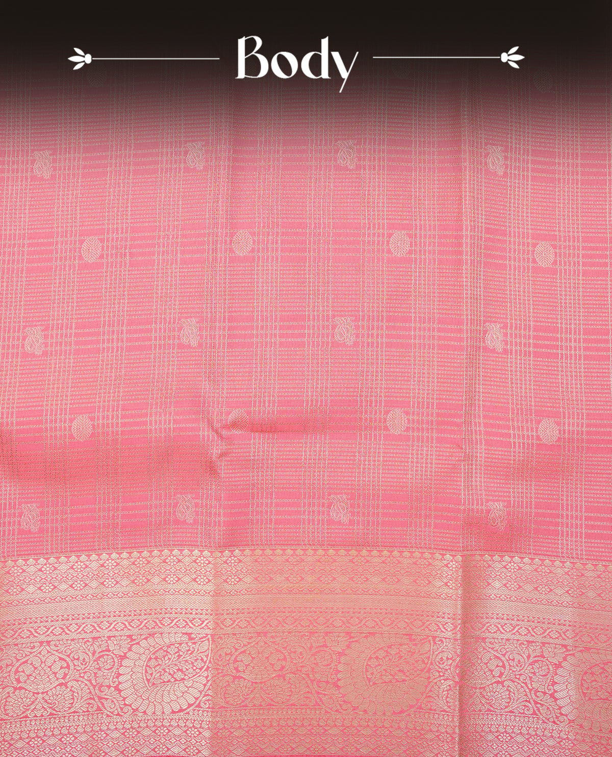 Pink colour semi wedding saree featuring light gold zari strips with peacock and chakra motifs across the body, complemented by contrast self colour traditional border. Comes with a matching blouse piece.